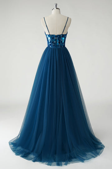 Robe longue trapèze miroir bleu foncé scintillante